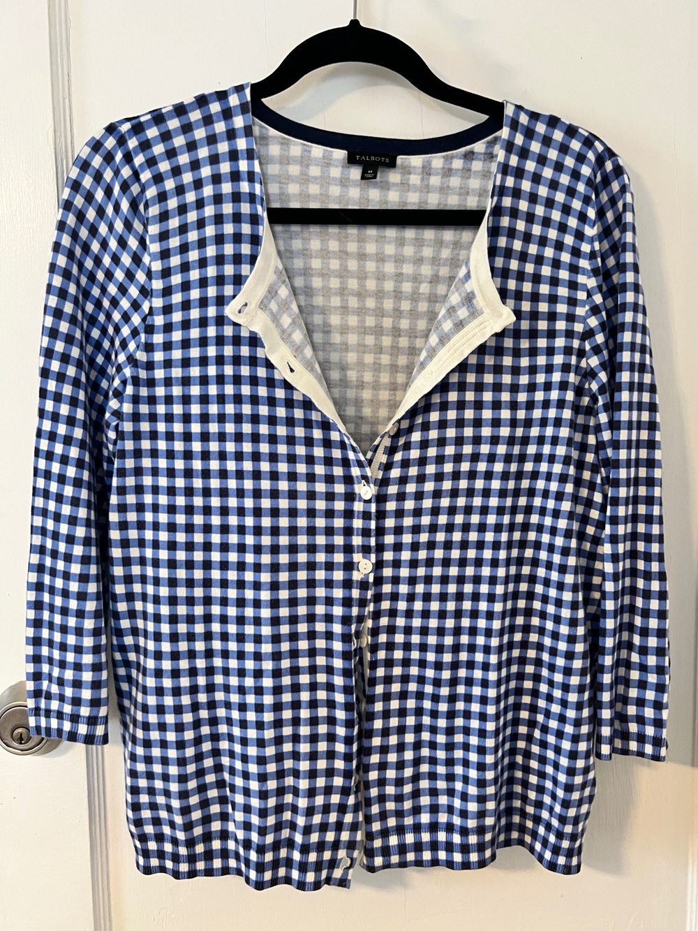 Talbots Blue Gingham Cardigan Sweater sizeM Coquette Cottagecore Classic coastal
